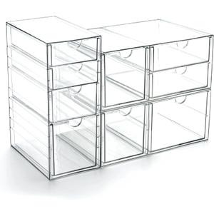 Prsildan Acrylic Drawer Makeup Organizer with 9 Drawers, Set of 3 Office Desk Organizers Accessories, Clear Stackable Storage Drawers for Vanity, Countertop, Craft, Jewelry, Art Supply Organization
