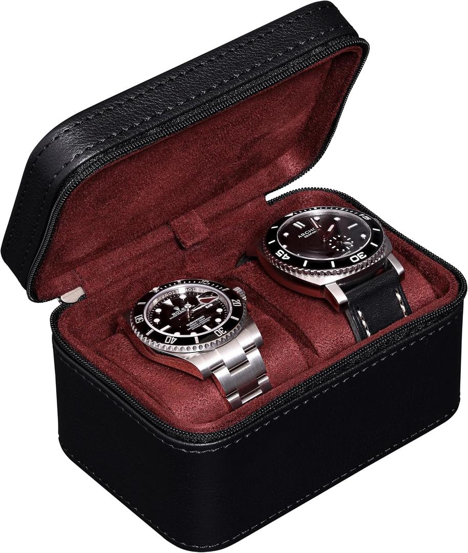 ROTHWELL 2 Watch Travel Case for Men | Compact PU Leather Protective Box with Microsuede Interior | Fits Watches & Smartwatches Up to 55mm (Black/Red)