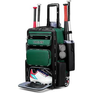 Rolling Baseball Bag,Wheeled Softball Bag with Fence Hook for TBall Bat & Equipment,Lightweight Baseball Bat Bag with Shoe Compartment (Green)