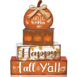4 Pcs Fall Thanksgiving Decor for Home Hello Pumpkin Wooden Signs with Blessed Autumn Tiered Tray Decor Farmhouse Pumpkin Table Centerpiece Maple Leaf Block Signs for Thanksgiving Office Kitchen Shelf