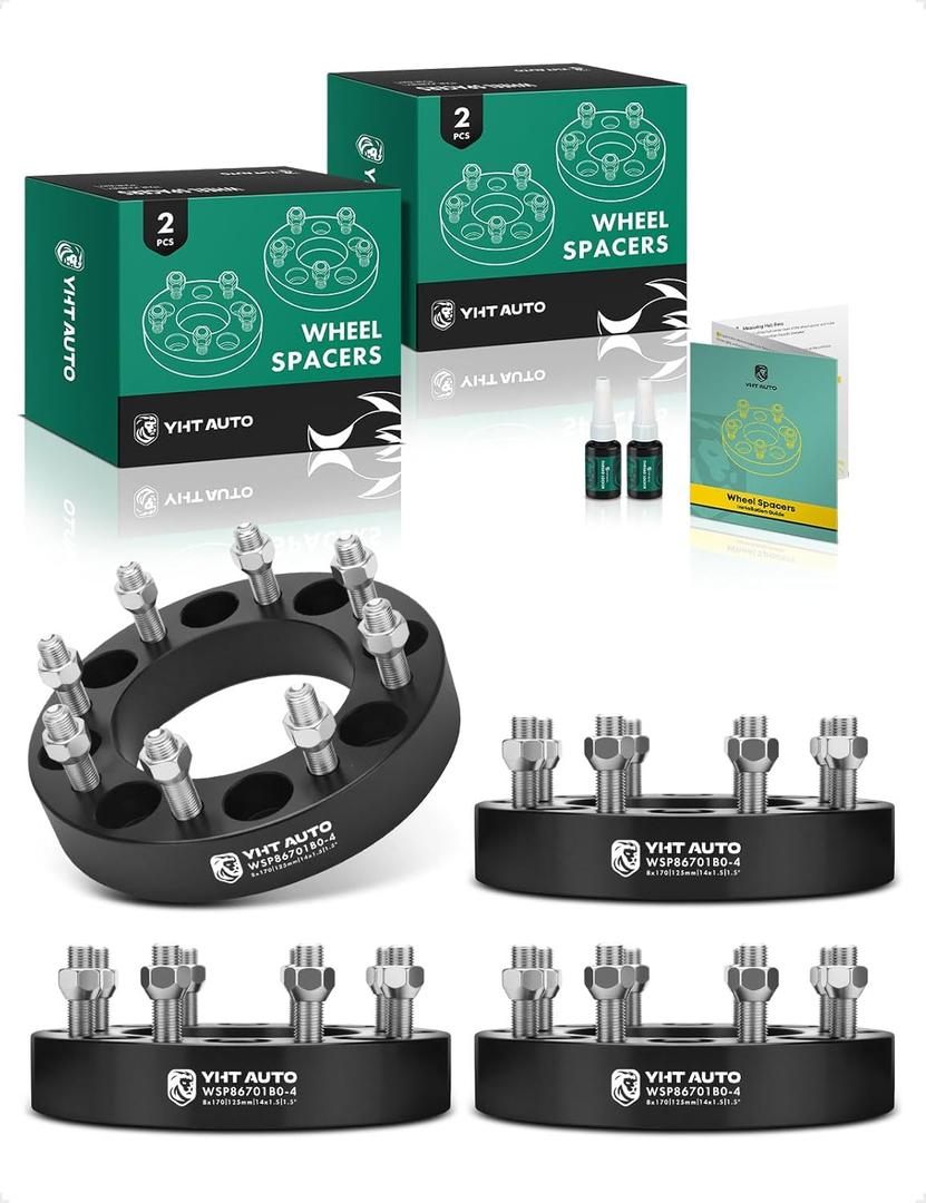 YHTAUTO 8x170mm Wheel Spacers 1.5 Inch Fits Ford Excursion 2003-2005, F-250 Super Duty 2003-2023, F-350 Super Duty 1999-2023, Tire Spacers w/ M14x1.5 & 12.9 Grade Studs, 125mm Center Bore 8 Lug