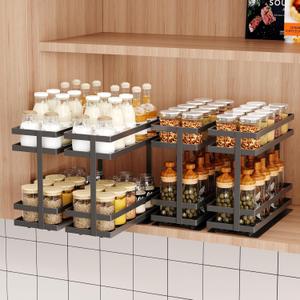 4 Pack Pull Out Spice Rack Organizer for Cabinet, 2 Tier Metal Slide Out Seasoning Organizer and Storage Heavy Duty Vertical Spice Rack Shelf Pullout for Kitchen Cabinets No Drilling (Black)