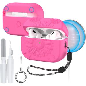 for AirPods Pro 2nd/1st Generation Case, Magnetic Lid Compatible with MagSafe, Flower Engraved Airpods Pro 2&1 Gen Soft Silicone Protective Cover with Cleaner Kit&Keychain&Lanyard(Rose Red)