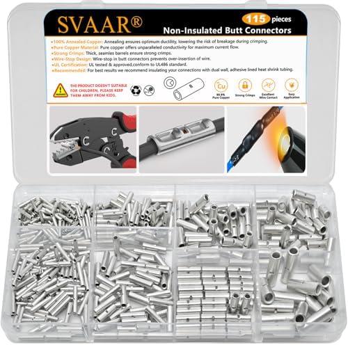 SVAAR 115 PCS 26-8 AWG Non-Insulated Butt Connectors Crimp Repair Butt Splices Kit, Uninsulated Butt Splice Connectors for 26 to 8 Gauge Wire, Marine Grade Tinned Copper Seamless Barrel Butt Terminals