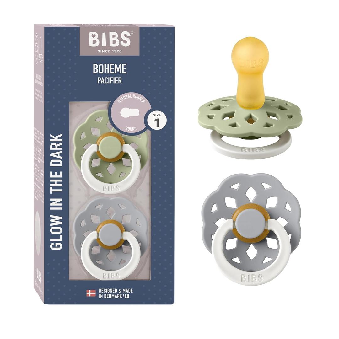 BIBS Boheme Glow in The Dark Soother 2-Pack. BPA Free. Round Latex, Size 1 (0-6 Months), Sage Glow/Cloud Glow