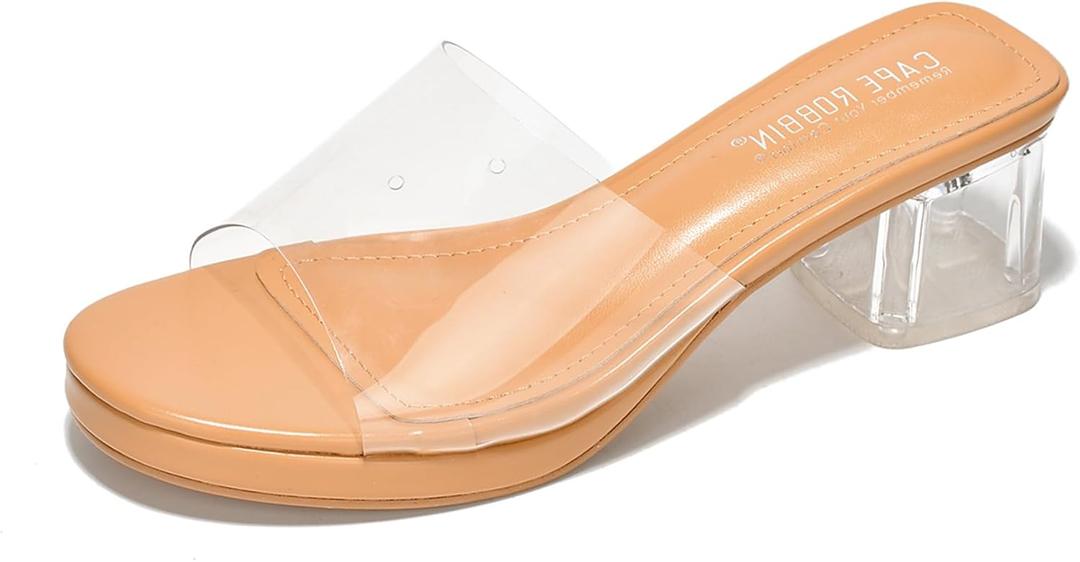 Cape Robbin Women's Clear Low Block Heels - Slip-On Transparent Round Open Toe Sandals (Anjelic) (Beige)