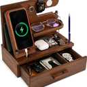 TESLYAR Wood Phone Docking Station with Drawer - Nightstand Organizer - Desk Organizer for Husband - Birthday Gifts for Men, Dad, Anniversary Idea, Key Holder Stand Watch & Accessories (Bourbon Brown)