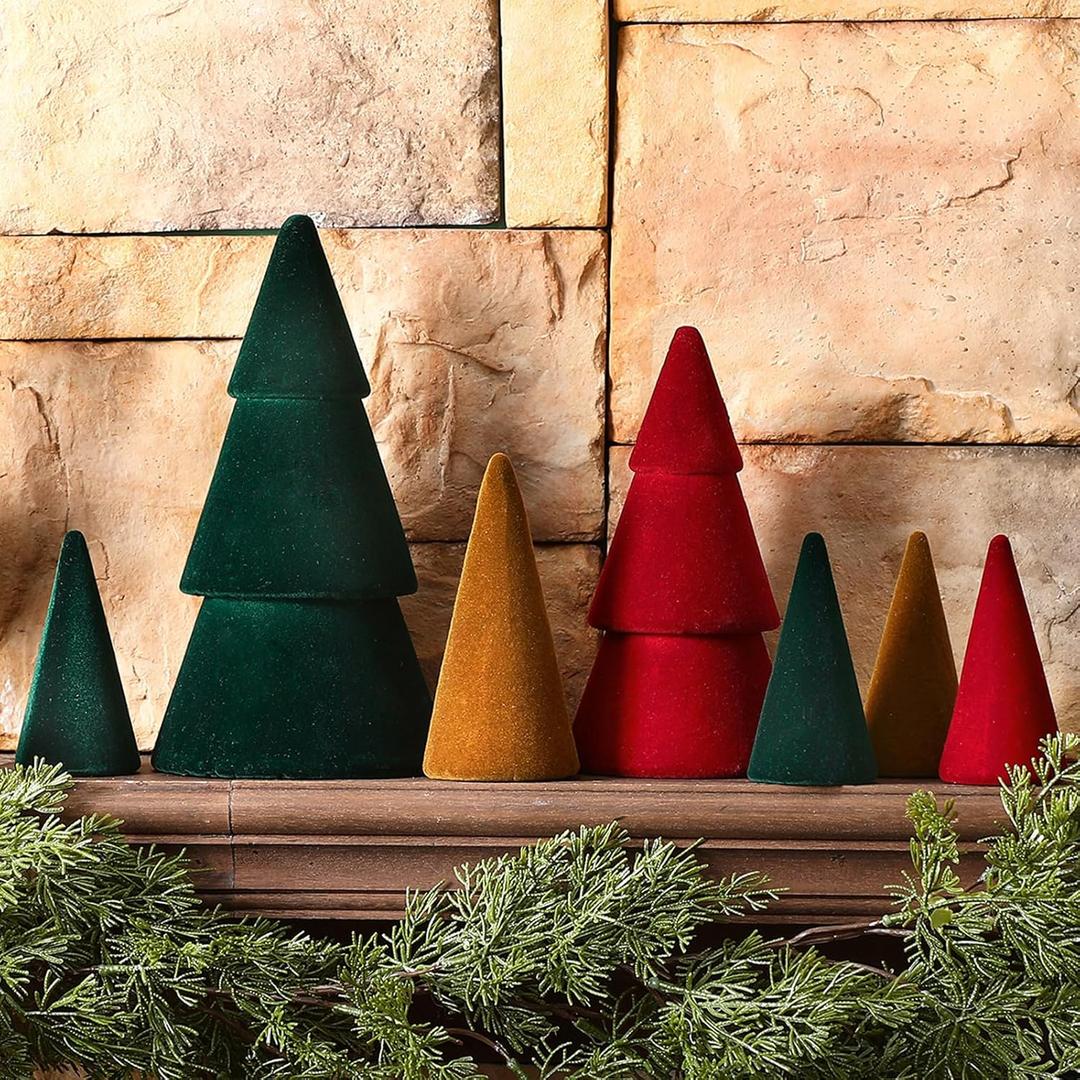 7 Pcs Christmas Velvet Trees Set Neutral Xmas Decoration Modern Christmas Cone Trees 4 Sizes Xmas Tabletop Centerpieces Flocked Farmhouse Decor for Kitchen Holiday Party Mantel Tiered Tray Gifts