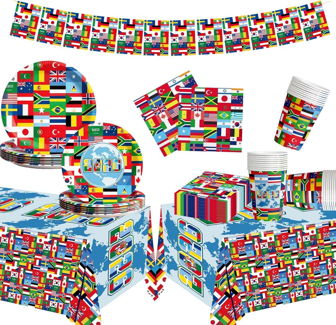 75 Pcs Soccer Party Decorations 2026 Theme, International Flag Paper Plates Napkins Cups Tablecloths and Banner, Global Football Match Viewing Party Supplies for Boys Sports Birthday (Serves 12)