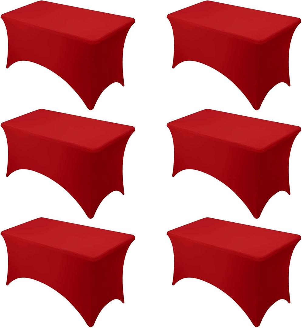 6-Pack Premium Red Spandex Tablecloths for 4ft Rectangle Tables, Stain & Wrinkle-Resistant, Washable Stretch Polyester Fitted Table Cover for Weddings, Banquets, Trade Shows Events