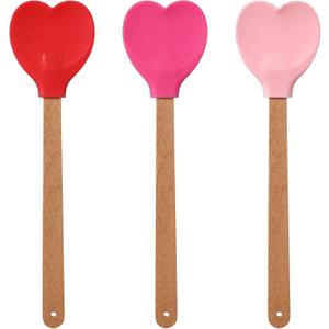 Chengu 3 Pcs Heart Shaped Silicone Spoon with Wooden Handle Valentine Day Kitchen Utensil Gift Set Red Pink Hot Heart Spatula Nonstick Cooking Tools for Mixing Stirring and Baking