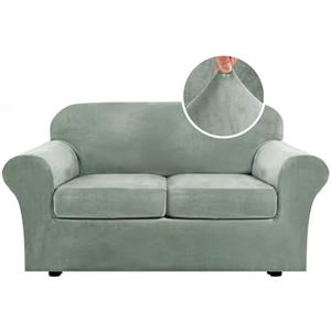 H.VERSAILTEX Real Velvet Plush 3 Piece Stretch Sofa Covers Couch Covers for 2 Cushion Couch Loveseat Covers Width Up to 72 Inch Thick Stay in Place (Medium Sofa, Sea Grass)