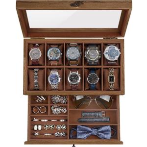 Watch Box with 10 Slots, 2-Tier Watch Case for Large Dial Watches, Watch Display Case with Lid, Removable Watch Pillows, Gifts for Men Women, Watch Organizer with Drawer, Jewelry Box, Walnut