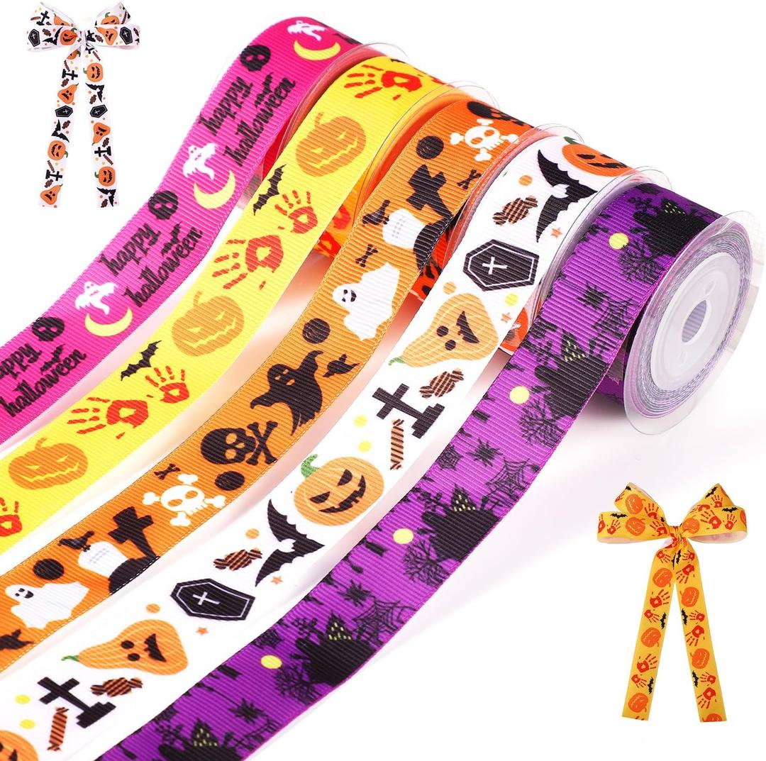 5 Rolls Halloween Grosgrain Wired Ribbon, Length 5 Yard Width 7/8 Inch Halloween Themed Colorful Ribbon Set for Crafts Gift Wrapping Home Pumpkin Ghost Party Decorations Supplies (Horror Theme)