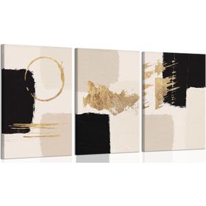 3pcs Framed Black Gold Abstract Wall Art Bohemian Simple Geometric Canvas Poster Print Modern Beige Picture Painting Wall Decor for Living Room Bedroom Office Decoration