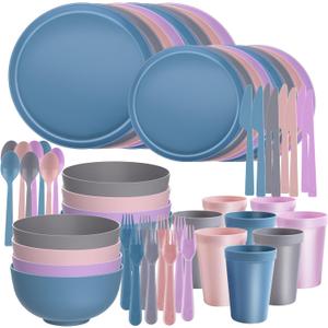 56 Piece Plates and Bowls Sets for 8, Kitchen Dinnerware Sets, Plastic