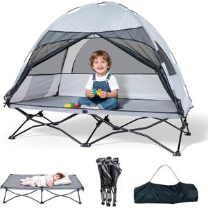 Toddler Travel Bed Cot with Tent: Portable Kids Camping Cots for Indoor and Outdoor - Sun & Mosquito Protection (Grey)