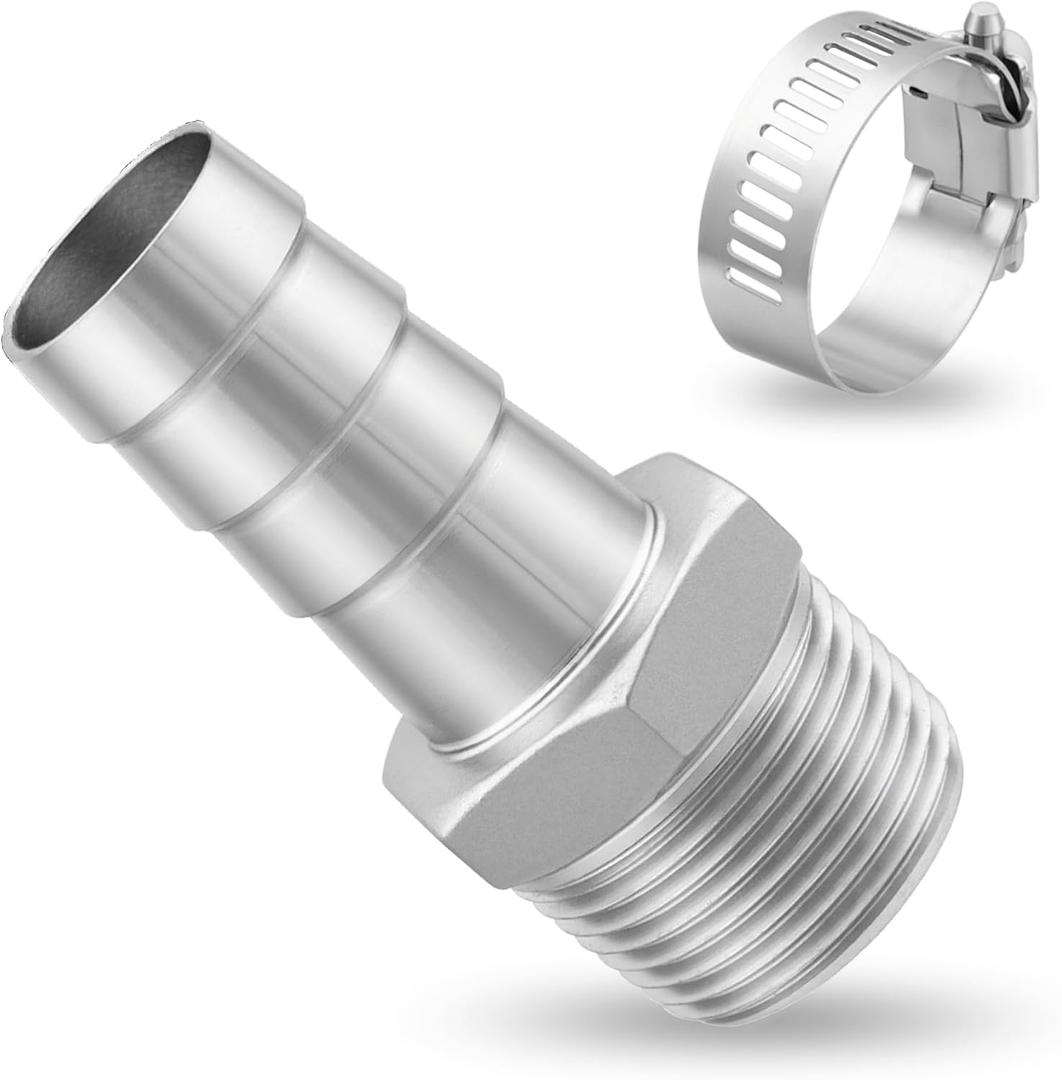 304 Stainless Steel Hose Barb Fitting Connector, 1-1/4" NPT Male to 1-1/4" Hose Barb for Water/Fuel/Air with a Hose Clamps (1 Pack)