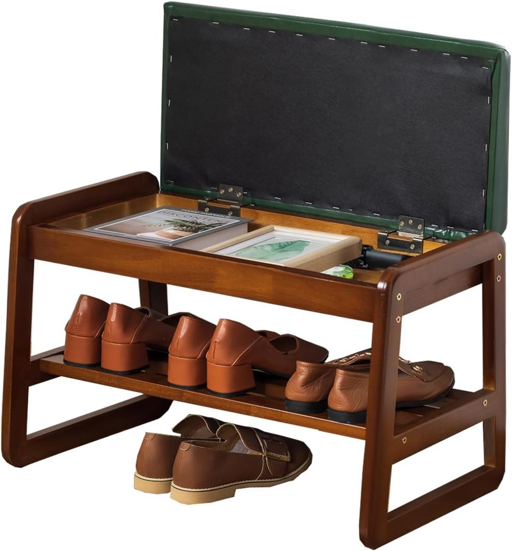 latifolia Shoe Rack Bench, Entryway Shoe Bench with Cushion, Flip-Open Storage Compartment, 2-Tier Shoe Organizer(Green,21.65''L)