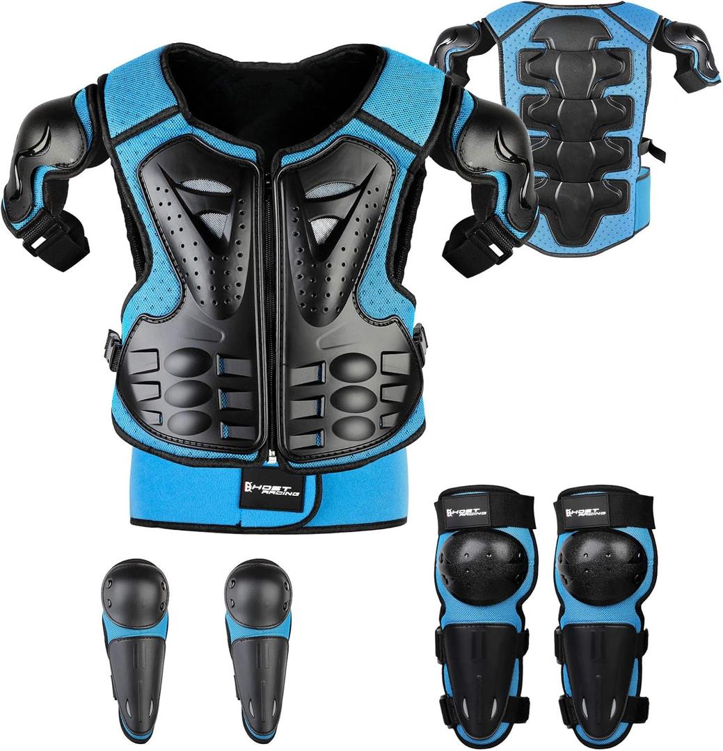 Youth Dirt Bike Gear, JUSTDOLIFE 5 PCS Motorcycle Armbor Protection Jacket, Kids Motorcycle Armor with Knee Pads Elbow Pads Chest Protector Racing for Outdoor Sports (Blue)