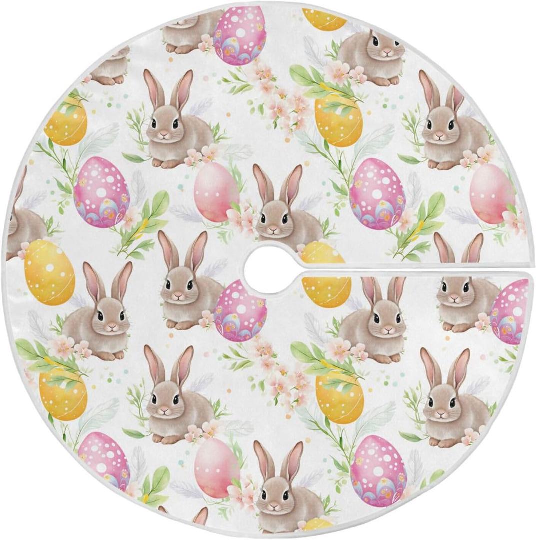 Easter Day Christmas Tree Skirt Bunny Eggs Rabbits Tree Skirt 36 in Easter Holiday Party Garden Xmas Tree Skirts Stand Mat for Indoor Outdoor Home Office Ornaments