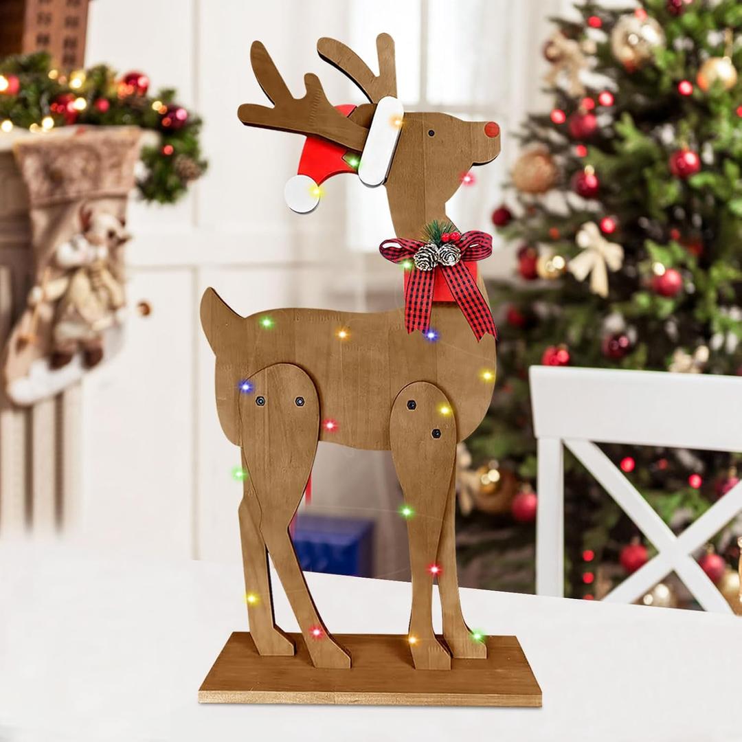 Lighted Wooden Christmas Deer Porch Sign Decorations, Merry Christmas Reindeer Standing Sign For Home Indoor Holiday Party Decor