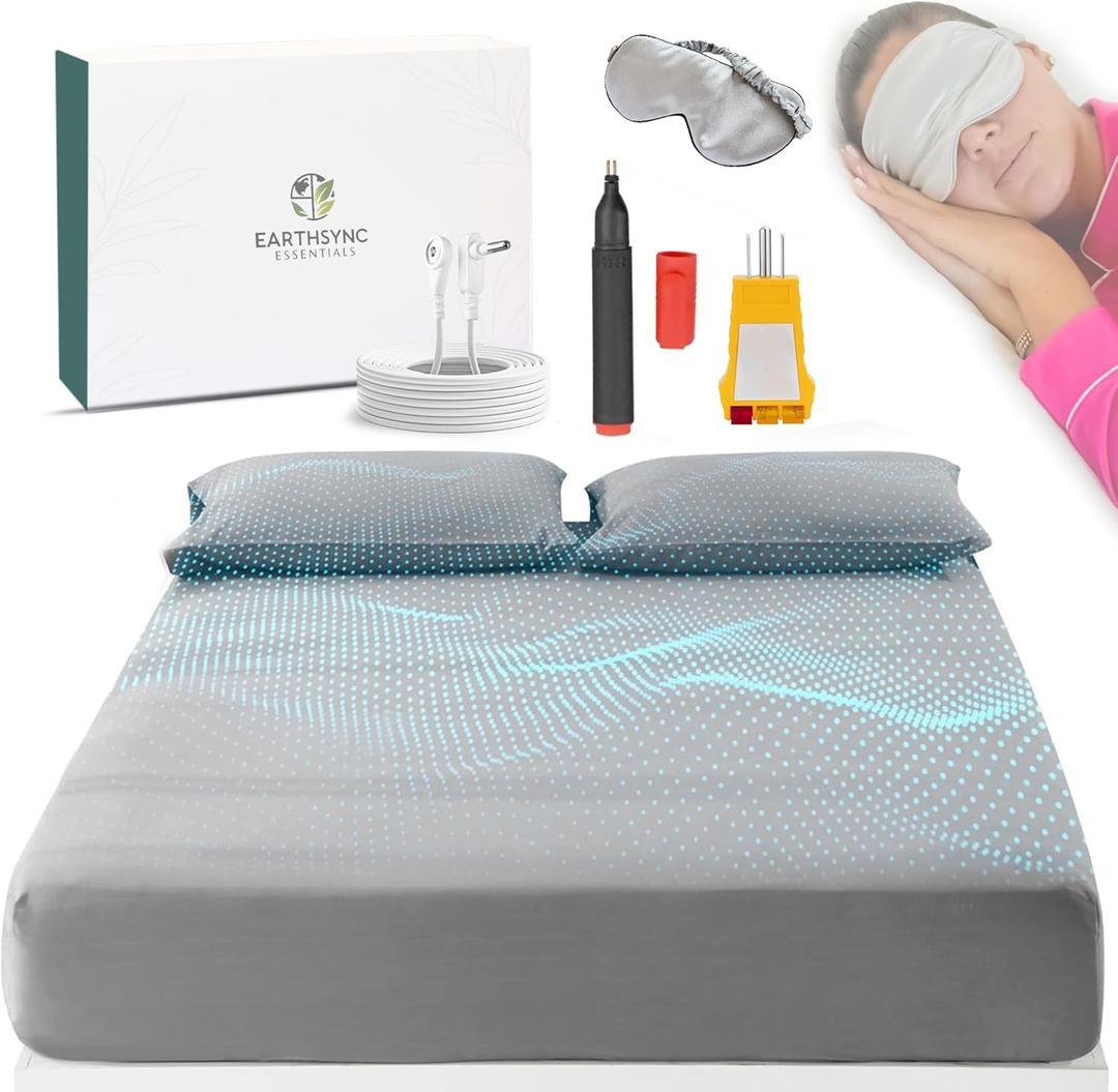 Grounding Sheets Queen Size Grey - Sleep Ritual Bundle - 90% Organic Cotton + 10% Pure Silver Fiber - Earthing Sheets w/15ft Grounding Cord, Mulberry Silk Mask, Outlet & Conductivity Tester