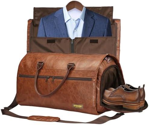 STOVER Garment Travel Duffle Bag, Large 2-in-1 Convertible Carry-on Luggage for Men & Women- Hanging Suits, Dresses & Clothes + Shoe Compartment- Weekender Tote Combo Duffel (Brown Leatherette)