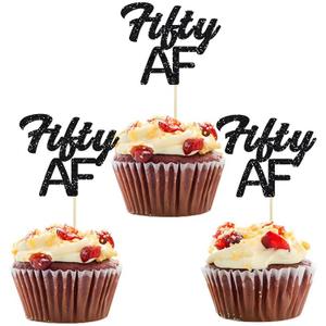 24 Pack Black Glittery Fifty AF Cupcake Toppers Dirty Fifty50th Birthday 50th Anniversary Celebrate 50 Years Retirement Party Decoration