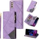 UEEBAI Wallet Case for Samsung Galaxy S21 Plus 5G, Vintage Premium PU Leather Cover Flip Case with Card Slots Magnetic Closure Zipper Pocket Kickstand Handbag with Hand Strap - Diamond Purple