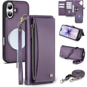 Wallet Case for iPhone 17 with Card Holder/Crossbody Wallet/Strap,[RFID Blocking][Magnetic] PU Leather Phone Case for iPhone 17,6.3 in,Purple