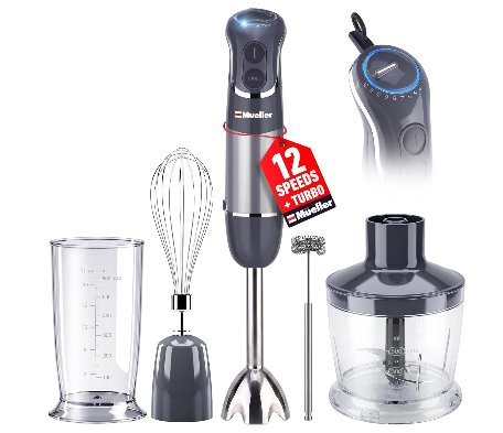 Mueller Multistick 5-in-1 Immersion Blender Handheld,12 Speed Hand Mixer-Turbo Boost,Heaviest Duty Copper Motor,Titanium reinforced Blades Hand Blender,Milk Frother Wand,Whisk,Beaker,Chopper,Grey (Gray)