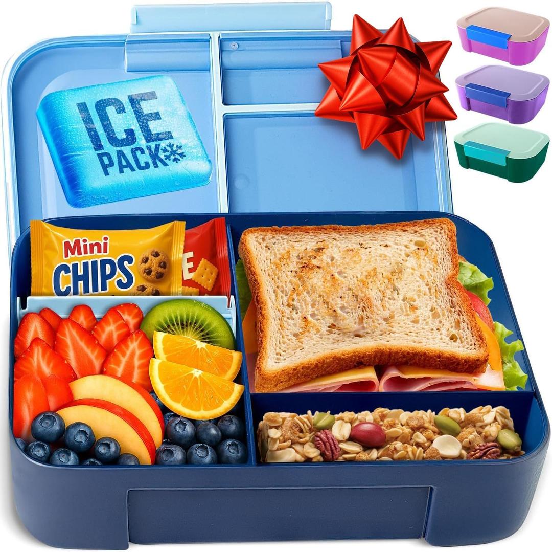 Leakproof Lunch Box  3-Compartment Bento Box, Cooler Pack & Adjustable Divider, Extra Large & BPA-Free  Dishwasher Safe, Ideal for On-the-Go Meals, Navy & Blue