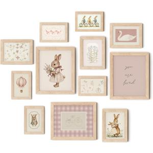 TwoDays Vintage Nursery Decor for Baby Girls, Pink Rabbit Bunny Wall Art for Toddler Kids Playroom, Swan Animals Posters for Bedroom (Multi Sizes, Set of 12, 8  10 Largest, Wooden Framed)