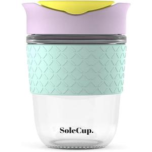 Reusable Strengthened Glass Travel Cup - Spill Proof Coffee Mug - 12oz/340ml BPA-Free Hot Drink Travel Mug with Lid & Silicone Band (Ice Cream, 12oz)