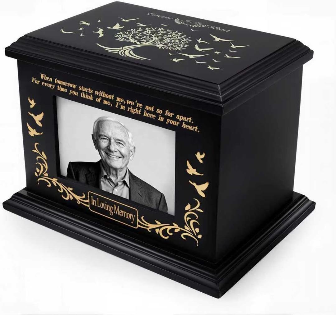 Cremation Urns for Human with Photo Frame, Urn for Ashes for Women, Wooden Urn for Ashes Adult Male, Keepsake Box Casket for Humans up to 260 lbs (Black, L, Tree of Life)