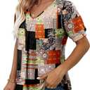 Angerella Women Tunic Tops Dressy Casual Summer Short Sleeve V Neck Shirts Floral Loose Fit Pleated Boho Top, Size L