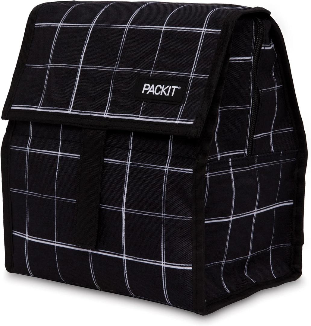 PackIt Freezable Lunch Bag, Black Grid, Built with EcoFreeze Technology, Foldable, Reusable, Zip and Fold Closure with Buckle Handle, Designed for Work Lunches and Fresh Lunch On the Go