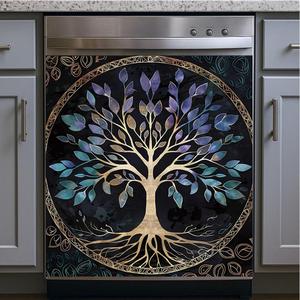 2D Flat Dishwasher Magnet Cover 23x26 Inch Tree of Life Stained Glass Style Kitchen Appliance Front Decorative Panel Removable Fridge Sticker Spiritual Nature Home Decor