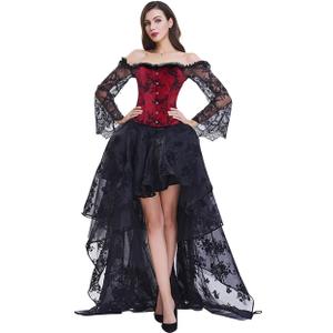Kimring Women's Steampunk Victorian Elegant Off Shoulder Overbust Corset Dress Skirt Set With Lace Long Sleeves Black/ Red Small
