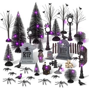 Zeyune 33 Pcs Halloween Village Accessories Set Miniature Halloween Figurines Bare Branches Bottle Brush Trees Tombstones Spiders Resin Horror Village Collections for Town Decorations