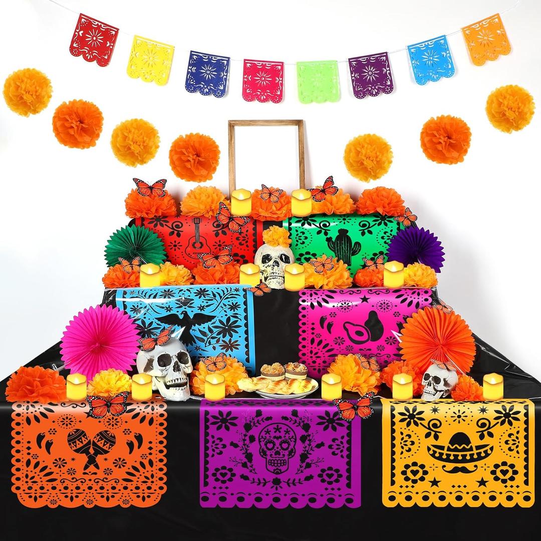 Newwiee 82 Pcs Day of the Dead Altar Kit Flameless LED Candle Paper Marigold Flower Fan Monarch Butterfly Papel Picado Banner Disposable Tablecloth for Dia De Los Muertos Altar Diwali(Cute Color)