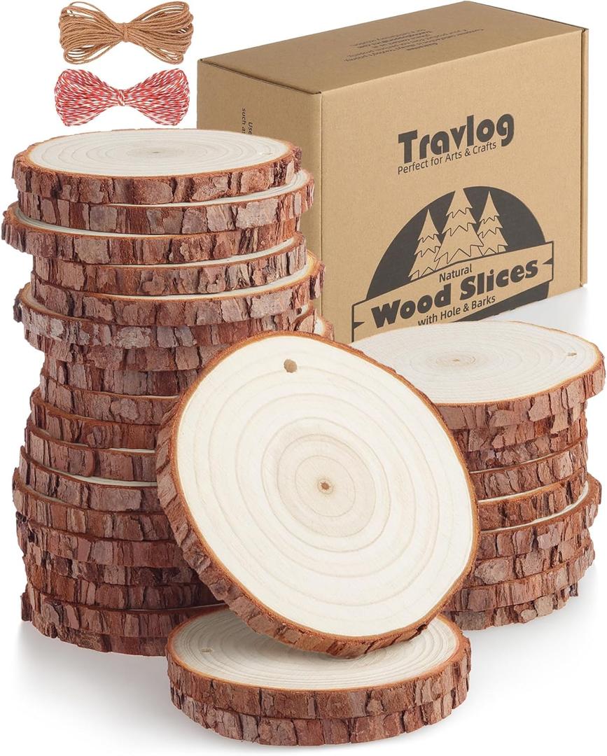 Unfinished Wood Slices with Hole, Natural Wooden Circles with Bark for DIY Crafts, Home Decor, Christmas Ornaments (30Pcs, 3.5-4 Inch)