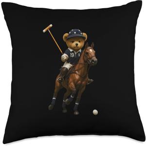 Cool Teddy Bear Playing Horse Polo Game Illustration Graphic Throw Pillow (18x18)