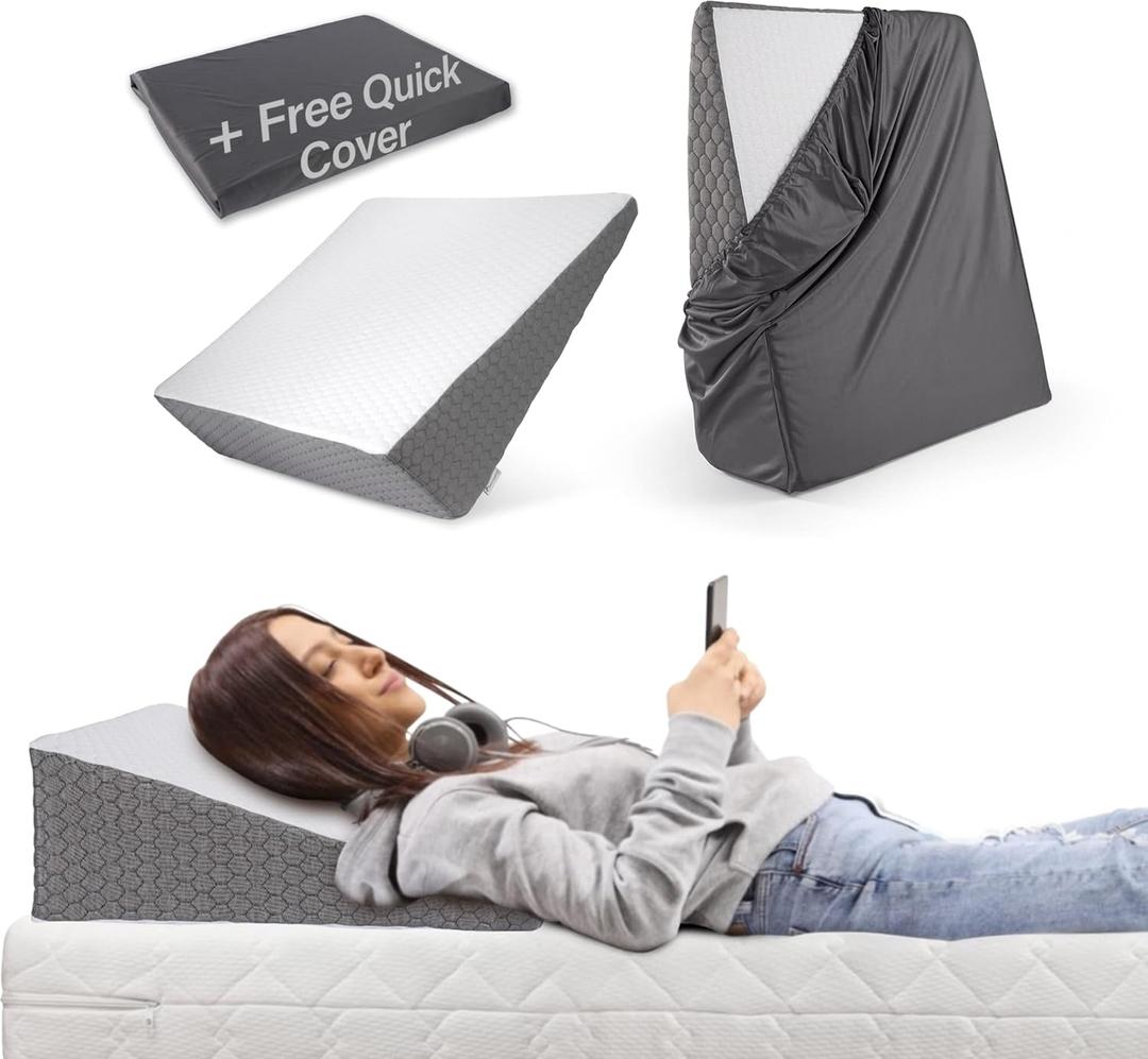 Bed Wedge Pillow RS21 + Free Additional Quick Cover for Acid Reflux Surgery Heartburn Gerd Reading Anti Snore - Triangle Support Pillow for Sleeping and Pain Relief