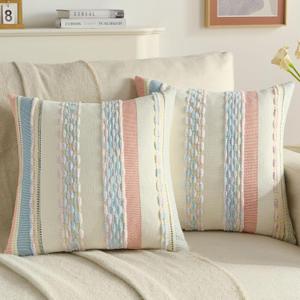 FUTEI Pack of 2 Boho Chenille Decorative Throw Pillow Covers 18x18 Inch Soft Tufted Striped Textured Cushion Case,Farmhouse Accent for Couch Bed Living Room, Pink Blue