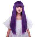 Dark Purple Wig Long Purple Wig with Air Bangs Straight Wigs Heat Resistant Synthetic Wigs with Cap (Small Size)