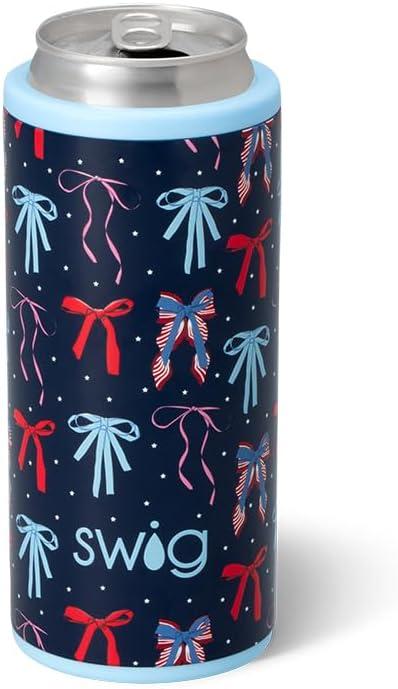 Swig Life Skinny Can Cooler, 12oz Insulated Slim Can Holder, Stainless Steel Cans Cooler, Covers for Tall Beer Bottles, Beach Accessories for Women (Miss Independence)