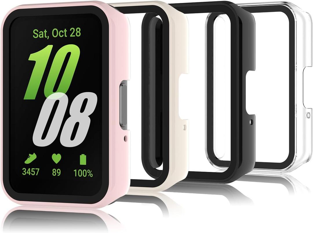 4 Pack Hard PC Glass Screen Protector Case Compatible with Samsung Galaxy Fit 3, Full Coverage HD Ultra-Thin Bumper Case Compatible with Galaxy Fit 3, Clear/Black/Beige/Pink