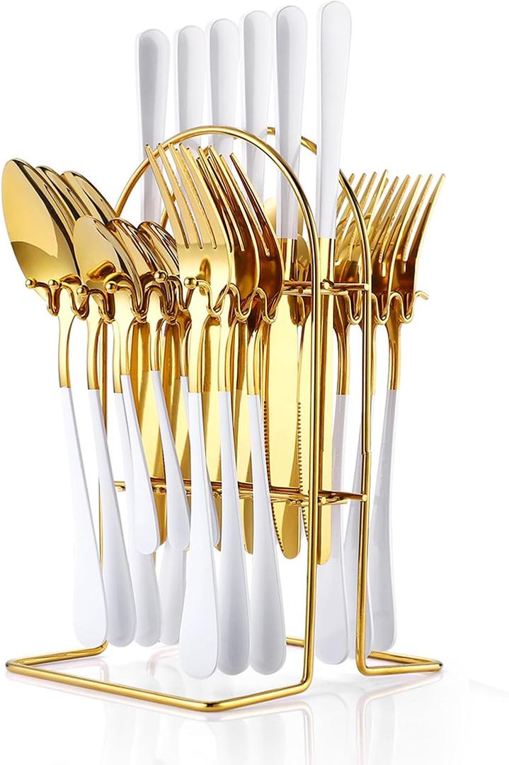 24 Pieces Silverware Set, Stainless Steel Flatware Set with Silverware Holder Spoons Forks Knives, Utensils Set Service for 6, Gold Mirror Polished and Matte Painted Cutlery Set (White)